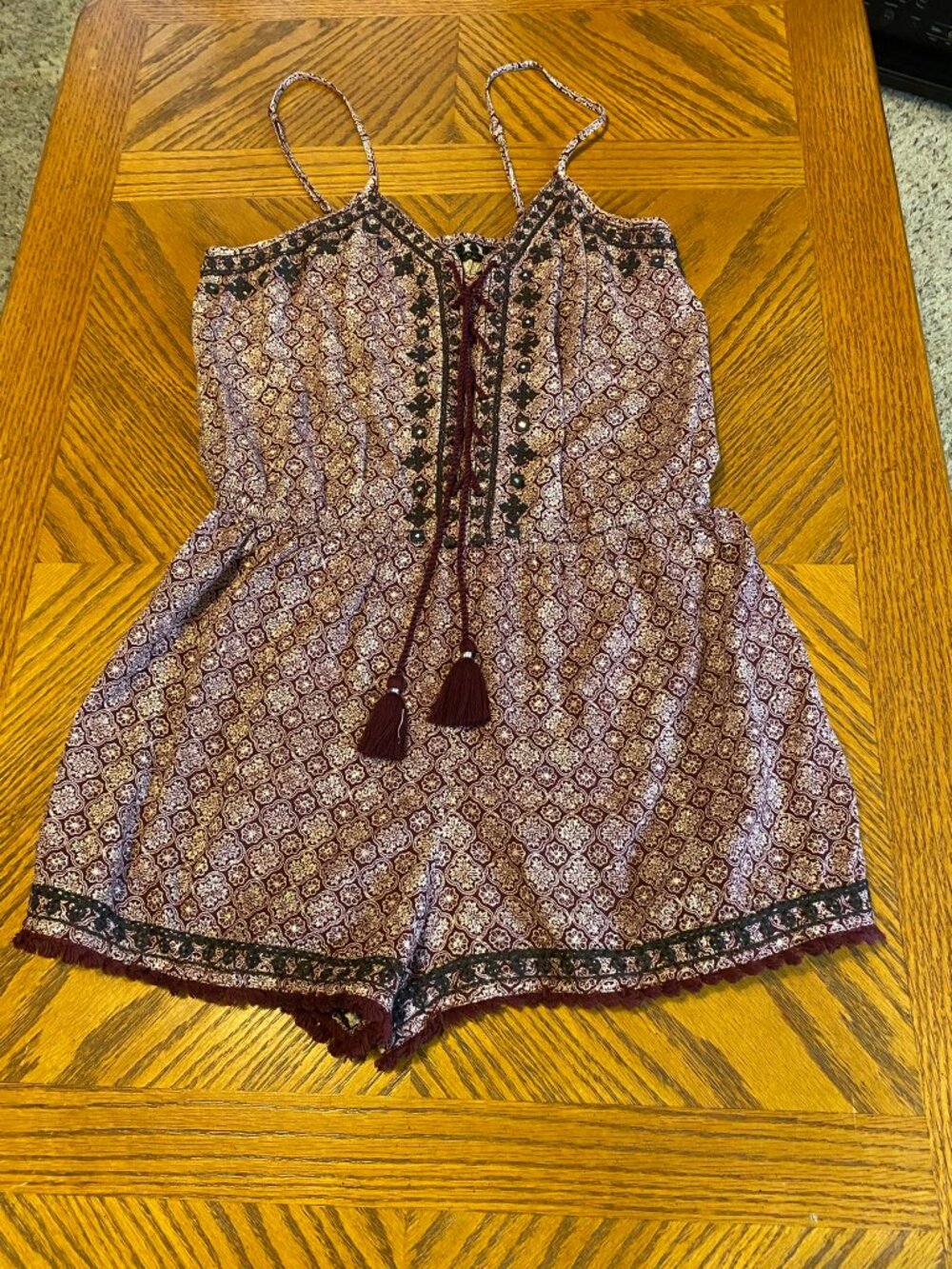 Boho Maroon Geometric Lattice Lace-Up Romper with Tassels